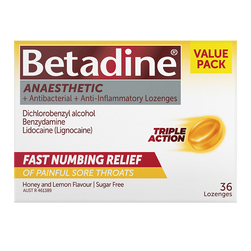 Betadine Anaesthetic Lozenges Honey & Lemon 36 Pack 2D front packaging