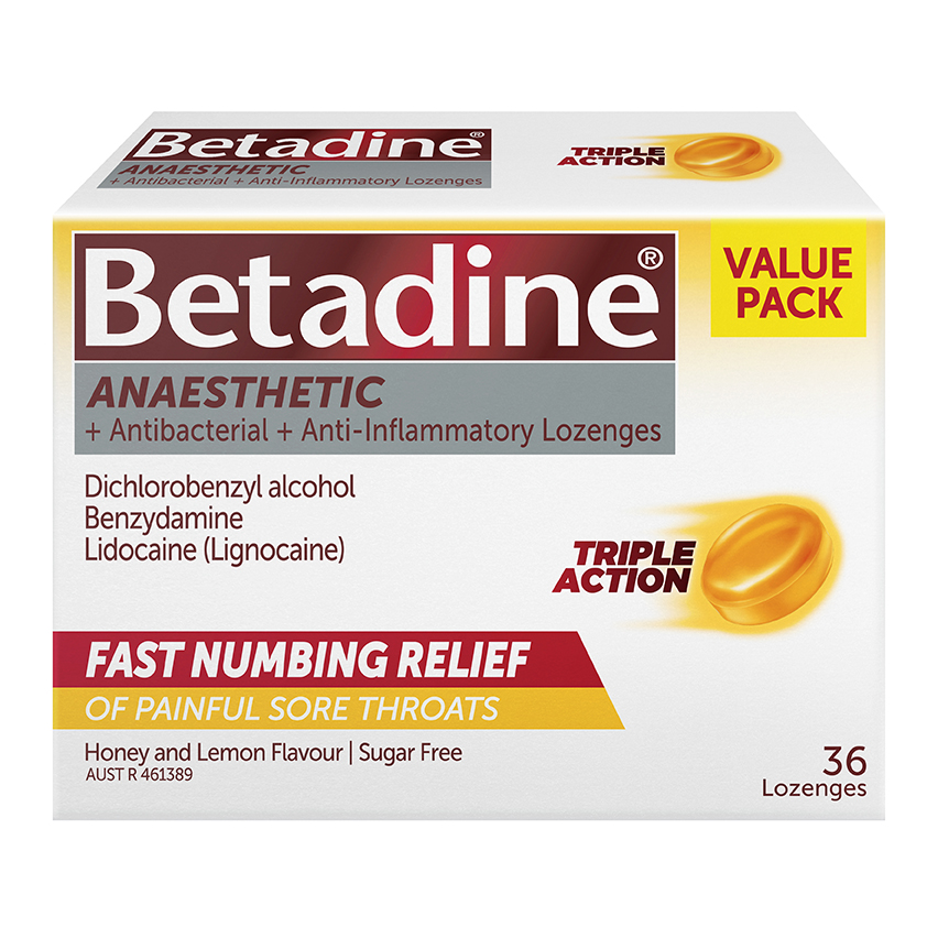 Betadine Anaesthetic Lozenges Honey & Lemon 36 Pack 3D image fron packaging