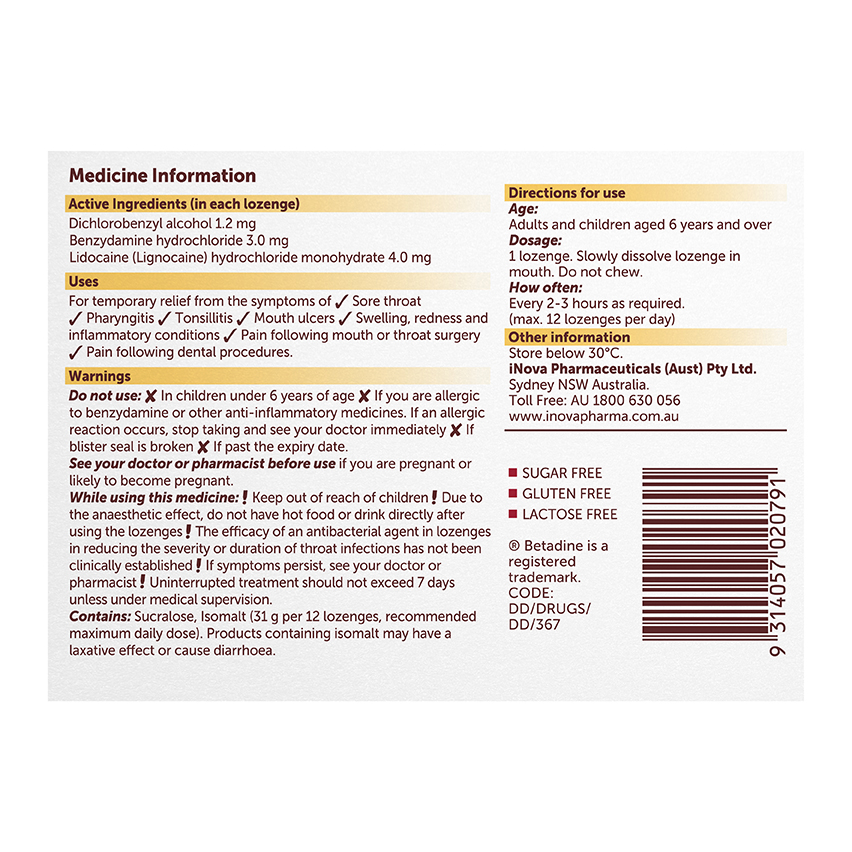 Betadine Anaesthetic Lozenges Honey & Lemon 36 Pack back of packaging