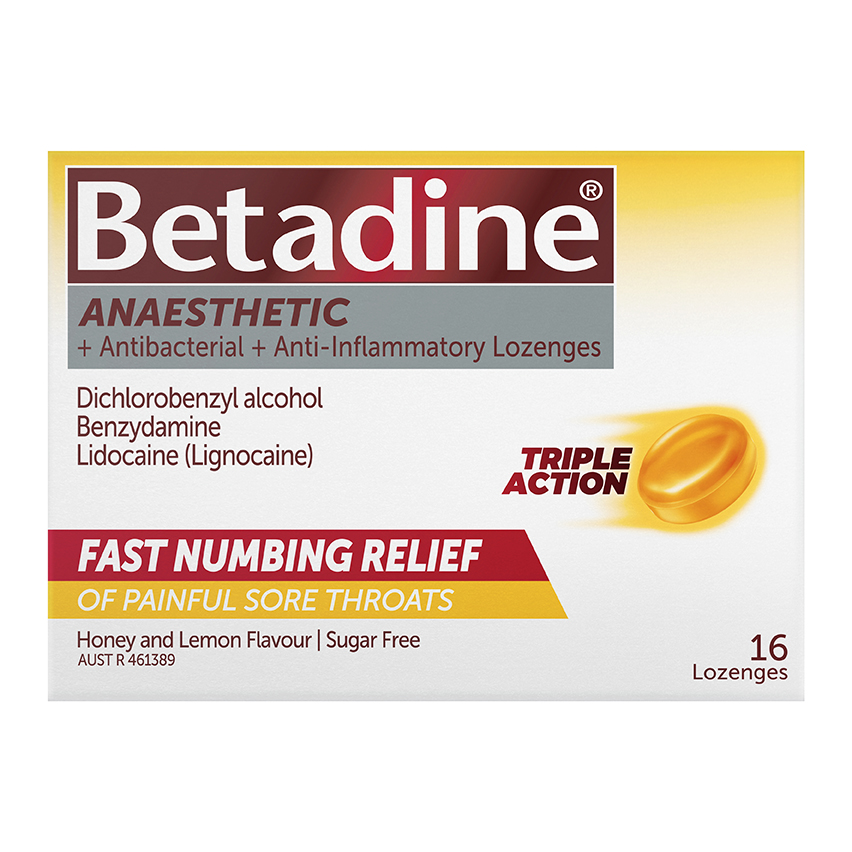 Betadine Anaesthetic Lozenges Honey & Lemon 16 Pack 2D packaging