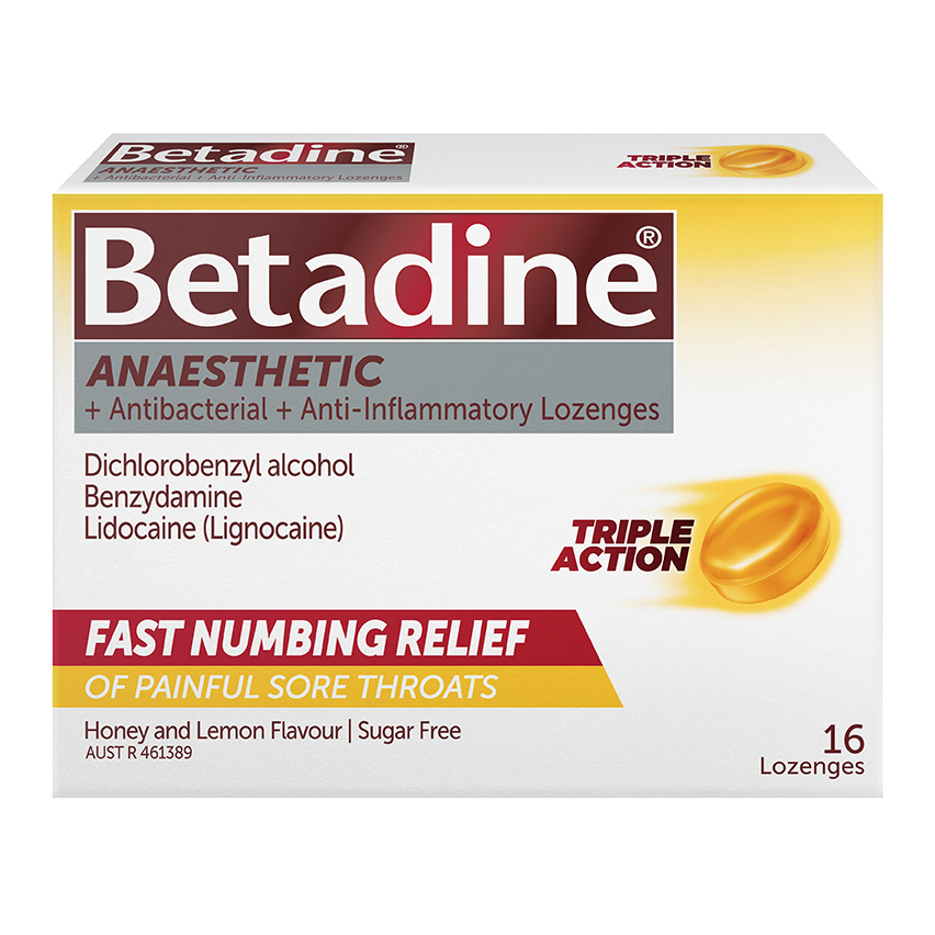 Betadine Anaesthetic Lozenges Honey & Lemon 16 Pack 3d front packaging