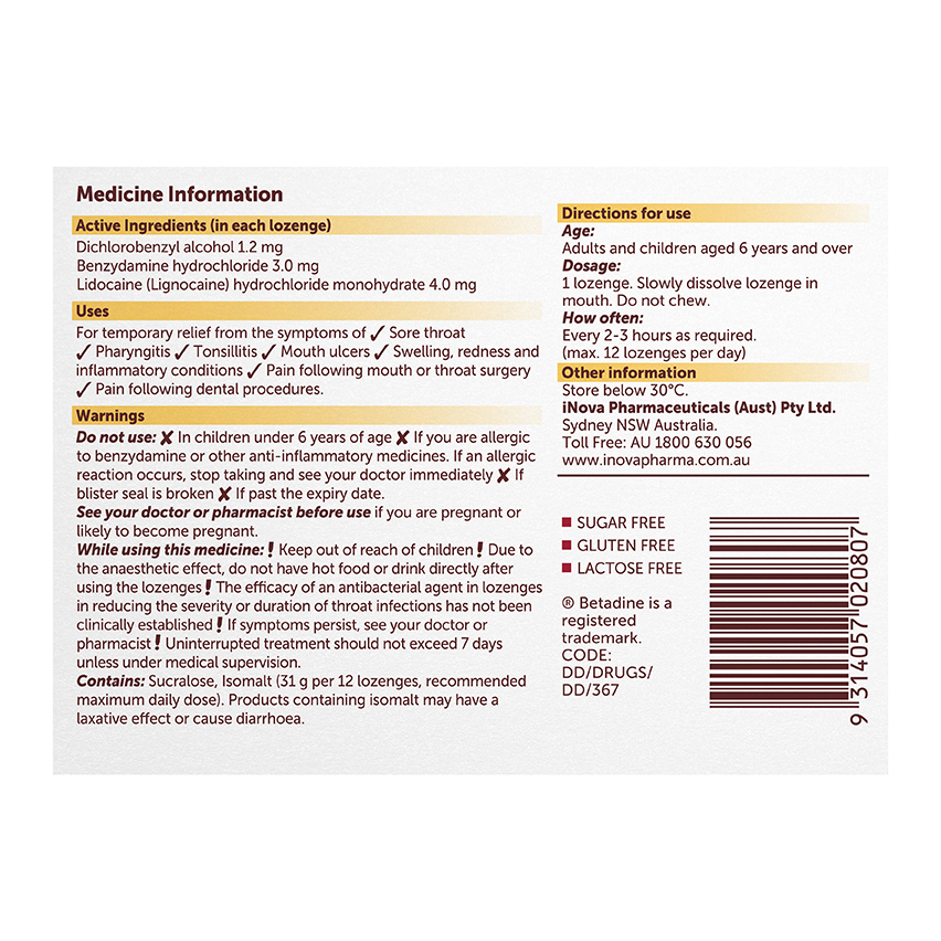 Betadine Anaesthetic Lozenges Honey & Lemon 16 Pack back of packaging