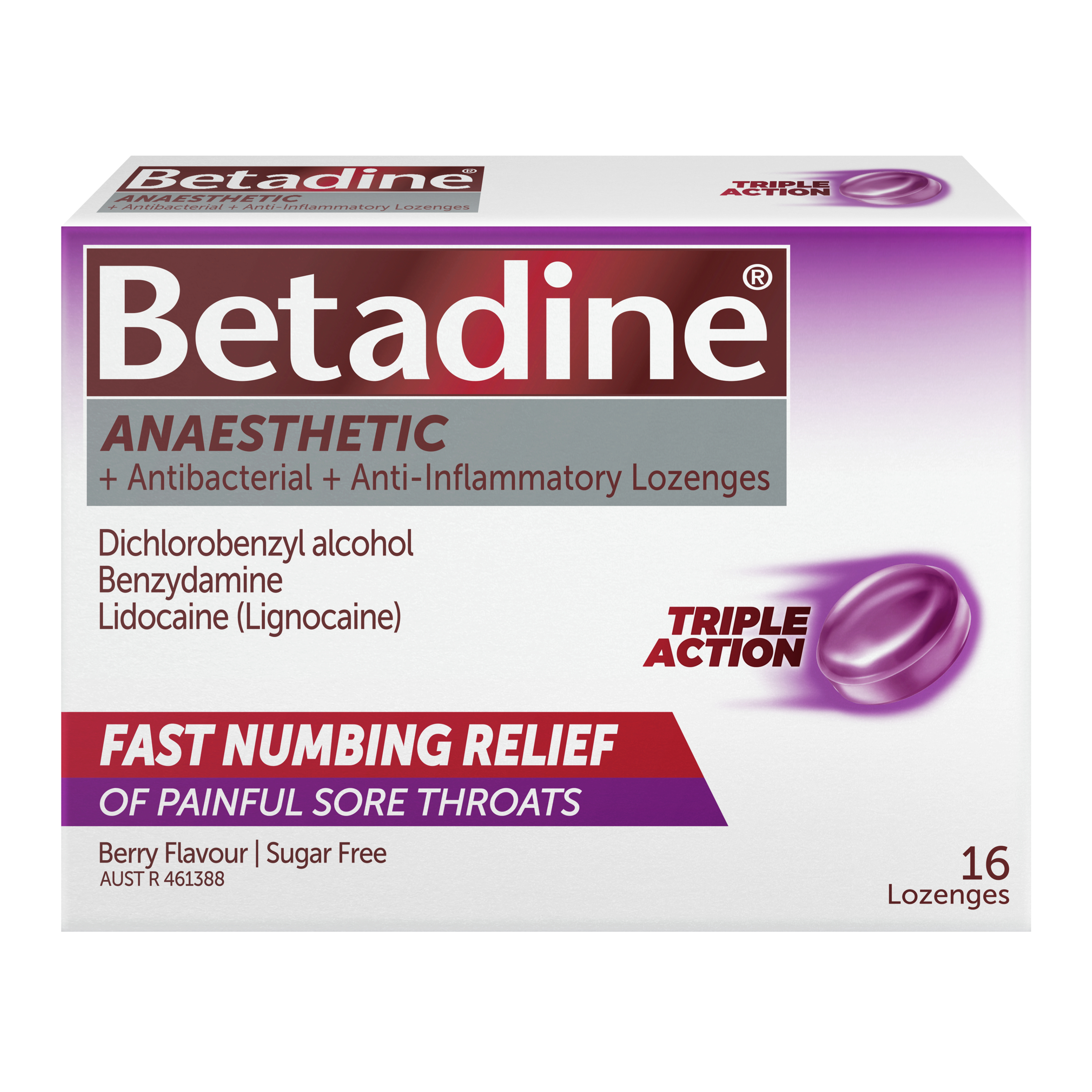 Betadine Anaesthetic + Antibacterial + Anti-Inflammatory Berry Lozenges 16 Pack