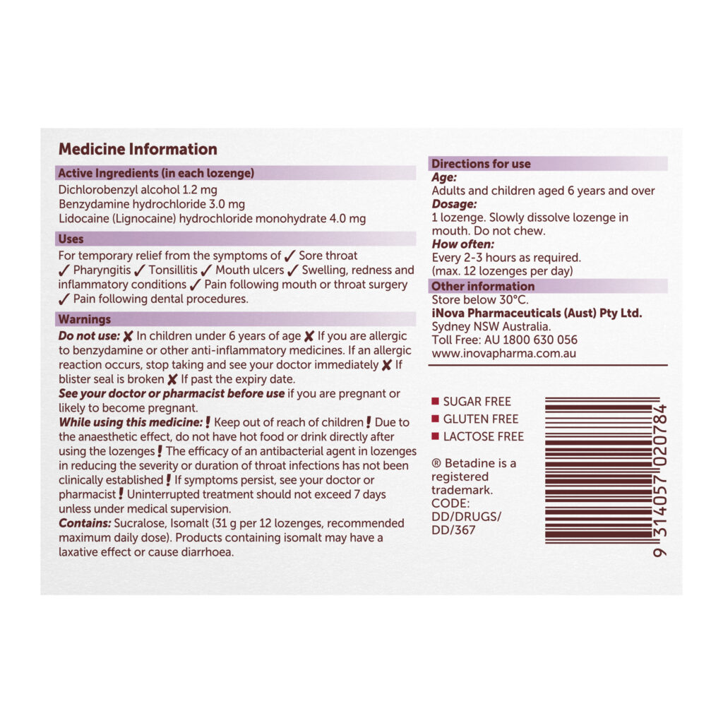 Betadine Anaesthetic + Antibacterial + Anti-Inflammatory Berry Lozenges 16 Pack