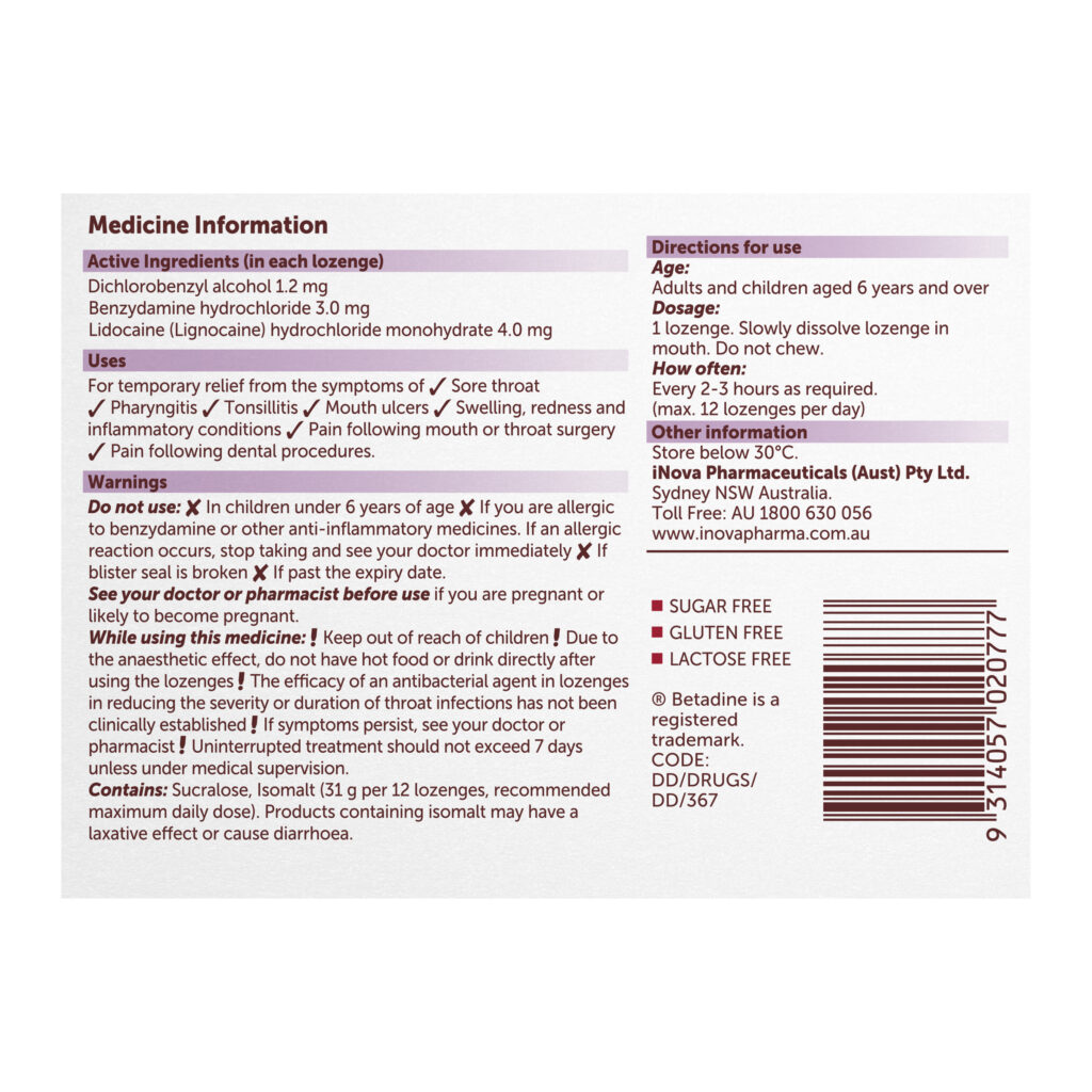 Betadine Anaesthetic + Antibacterial + Anti-Inflammatory Lozenges 36 Pack