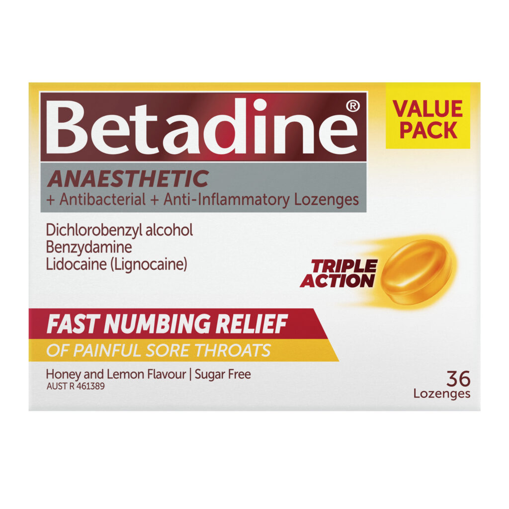 Betadine Anaesthetic + Antibacterial +Anti-Inflammatory Honey & Lemon Lozenges 36 Pack