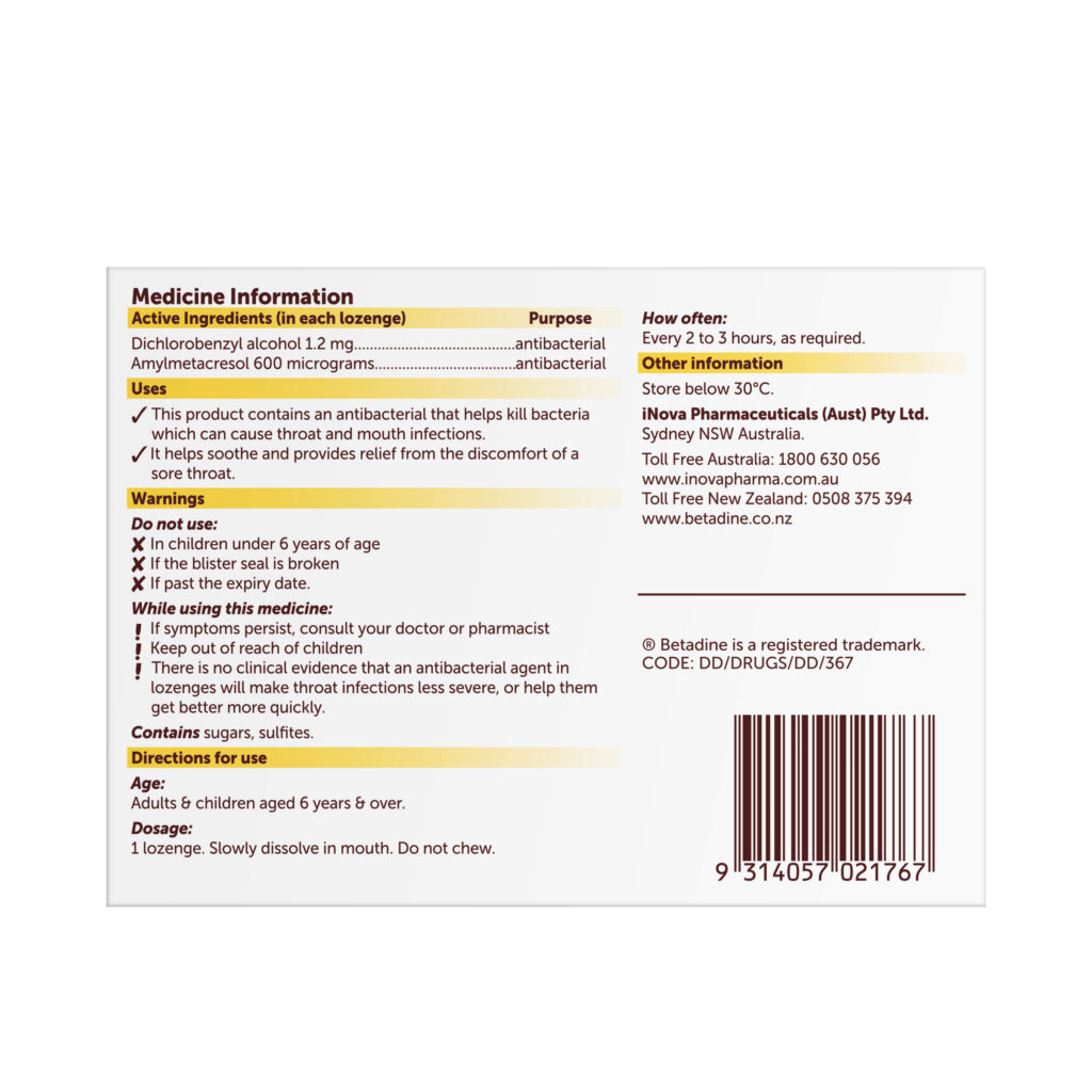 Betadine Sore Throat Honey and Lemon Lozenges 16