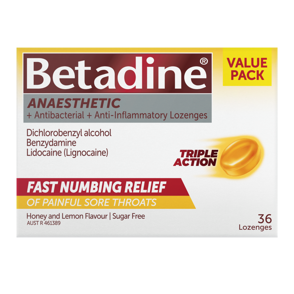 Betadine Anaesthetic + Antibacterial +Anti-Inflammatory Honey & Lemon Lozenges 36 Pack