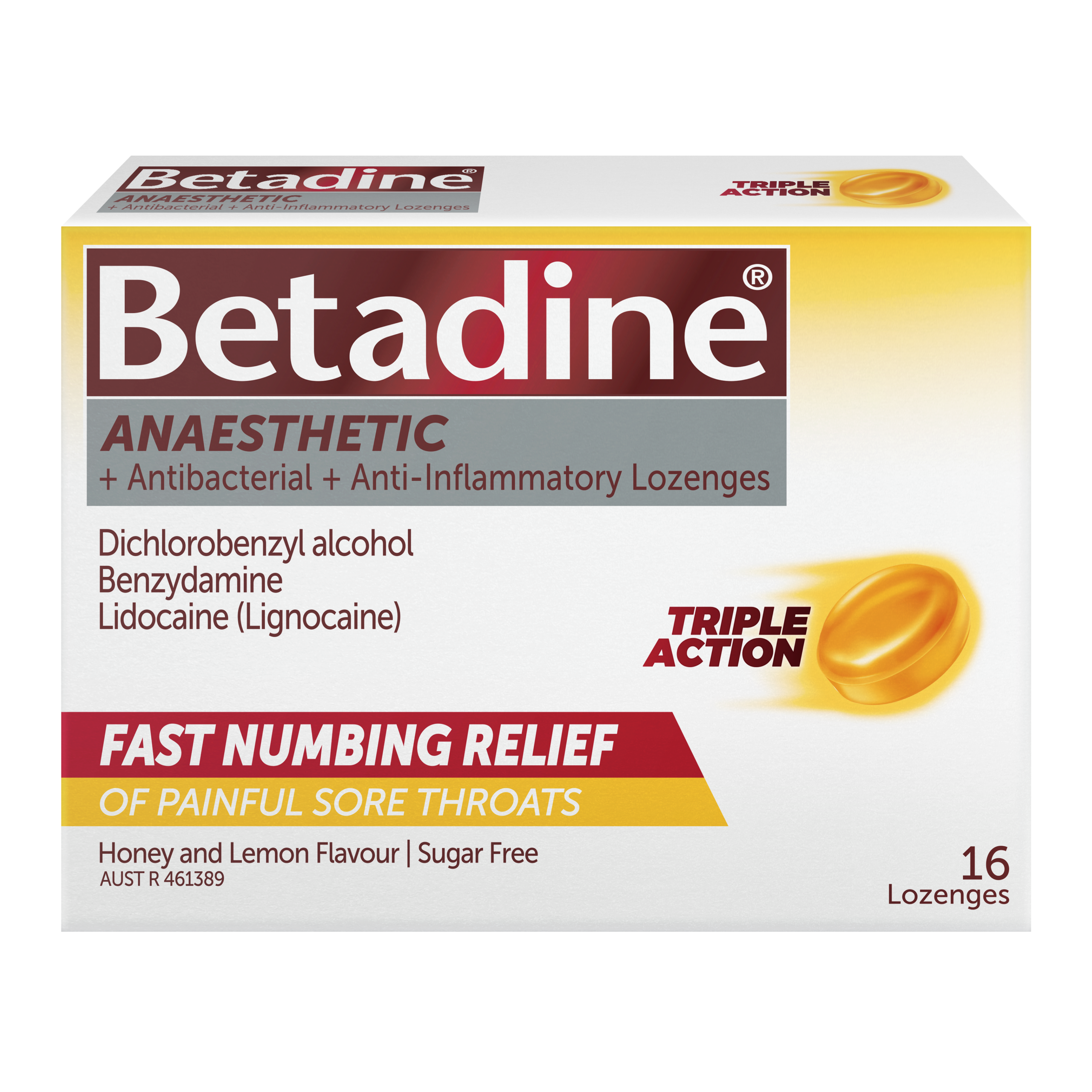 Betadine Anaesthetic + Antibacterial +Anti-Inflammatory Honey & Lemon Lozenges 16 Pack