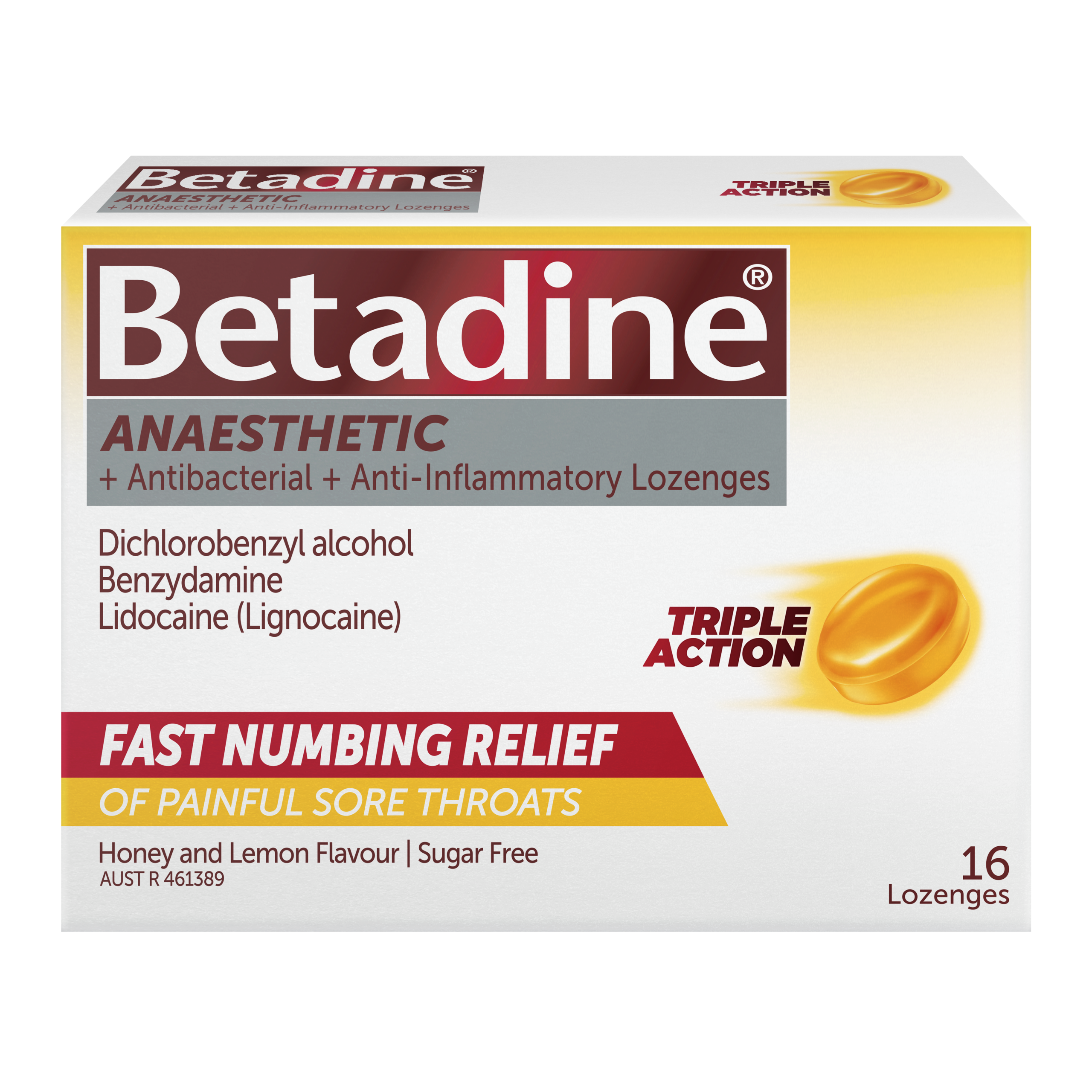 Betadine Anaesthetic + Antibacterial +Anti-Inflammatory Honey & Lemon Lozenges 16 Pack