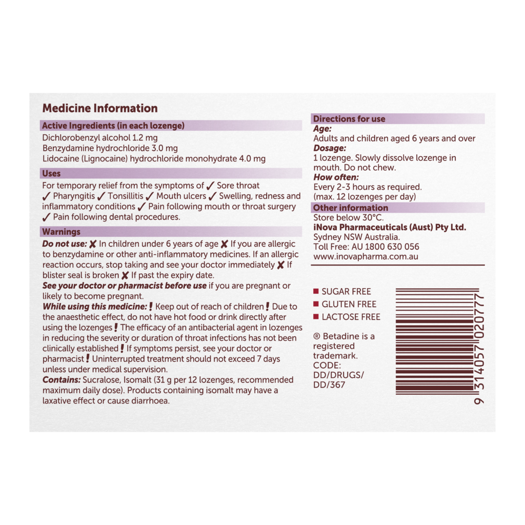 Betadine Anaesthetic + Antibacterial + Anti-Inflammatory Berry Lozenges 36 Pack