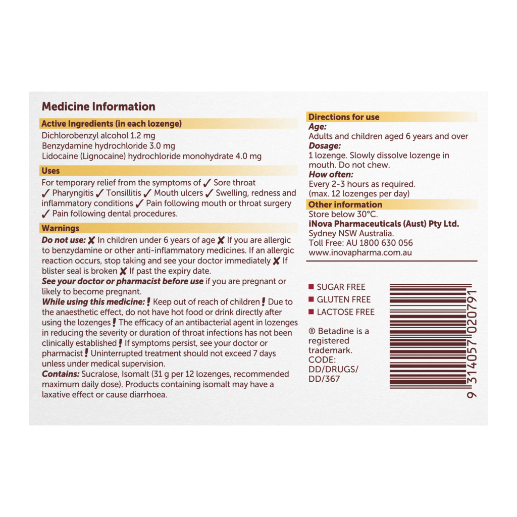Betadine Anaesthetic + Antibacterial +Anti-Inflammatory Honey & Lemon Lozenges 36 Pack