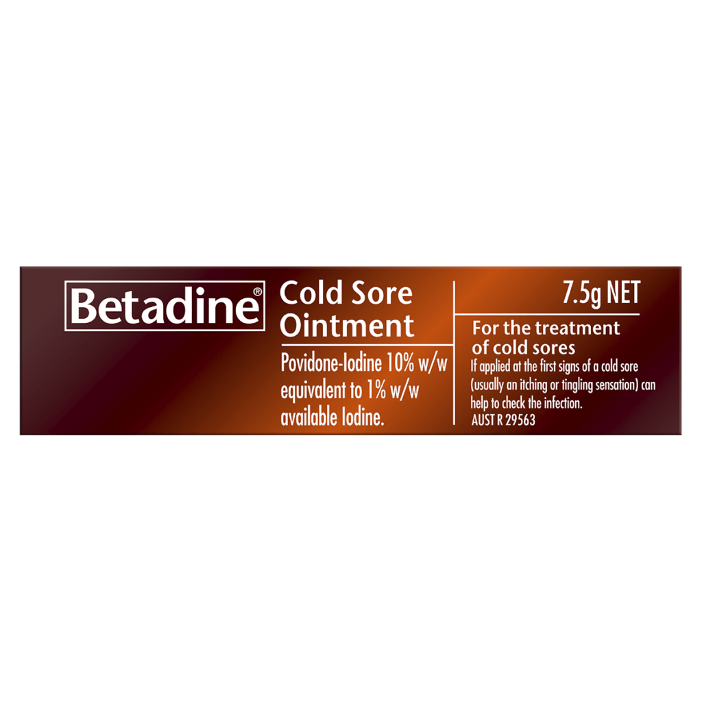 Betadine Cold Sore Ointment, 7.5g. Contains Povidone-Iodine 10% w/w, equivalent to 1% w/w available iodine, for cold sore treatment.