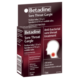 Betadine Sore Throat Gargle 15ml packaging showing anti-bacterial sore throat treatment details and product benefits.