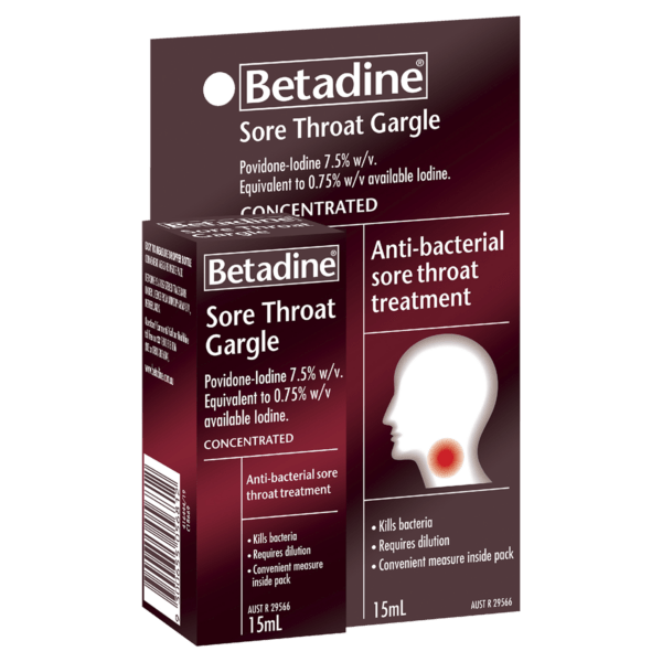 Betadine Sore Throat Gargle 15ml packaging showing anti-bacterial sore throat treatment details and product benefits.