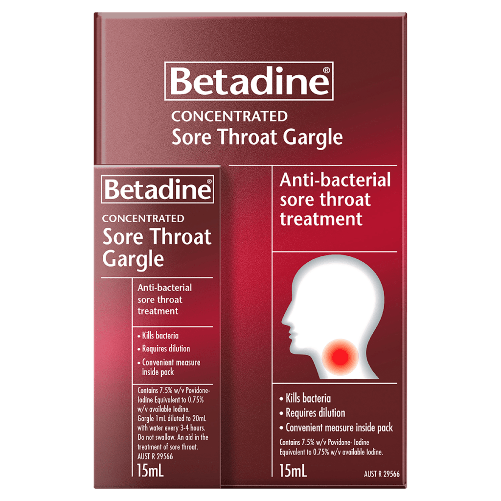 Betadine Concentrated Sore Throat Gargle 15ml packaging displaying anti-bacterial sore throat treatment benefits and instructions.