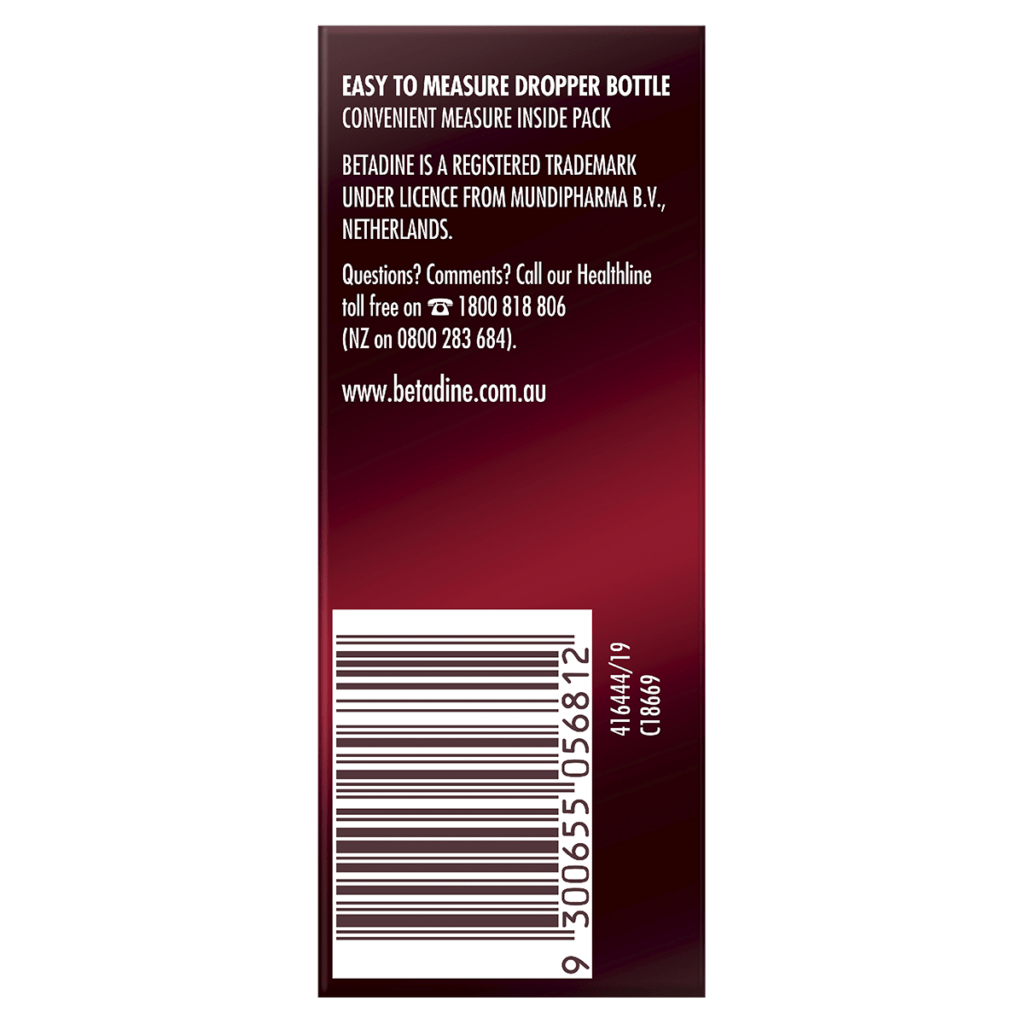 Betadine Sore Throat Gargle 15ml packaging side panel with easy to measure dropper bottle information and contact details.