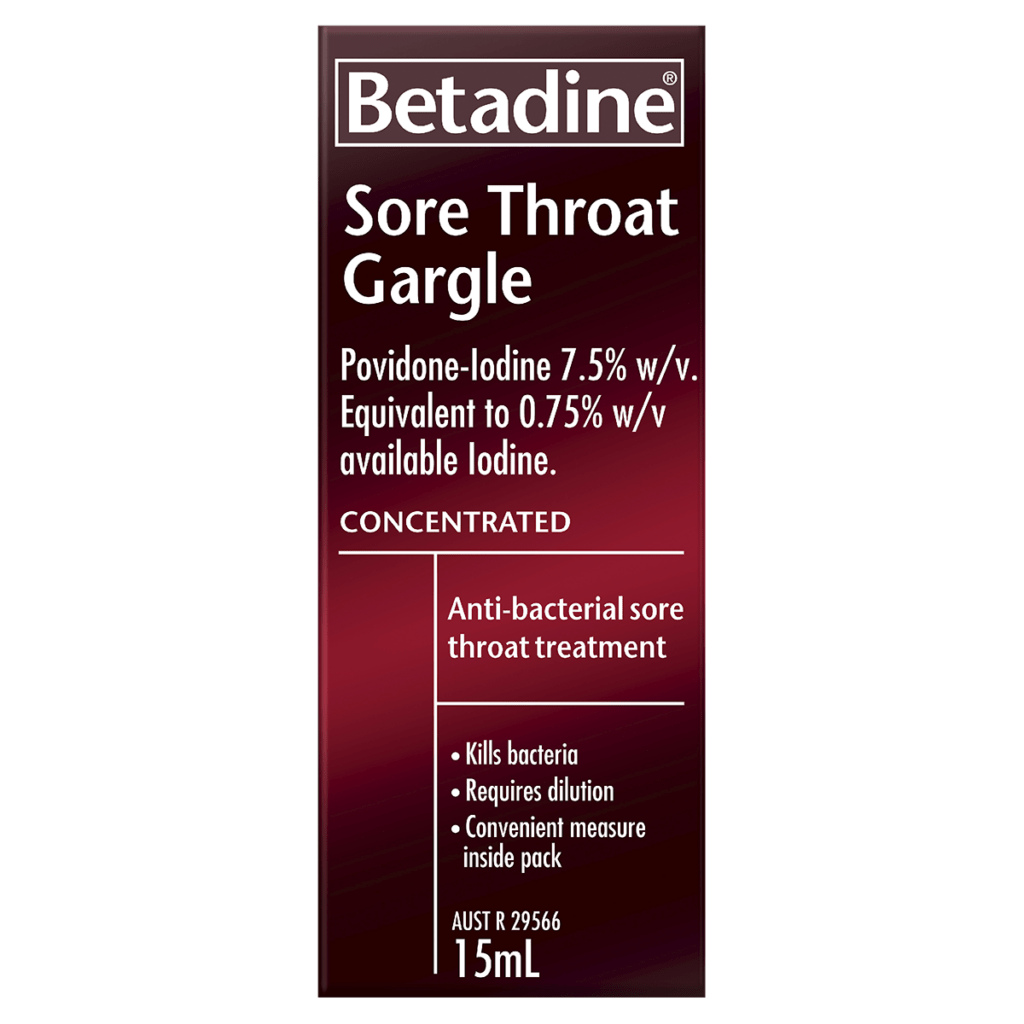 Betadine Sore Throat Gargle 15ml concentrated anti-bacterial sore throat treatment packaging with povidone-iodine 7.5%.