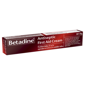 Betadine Antiseptic First Aid Cream 20g package, povidone-iodine 5% w/w, for grazes, minor burns, scalds, and minor skin infections.