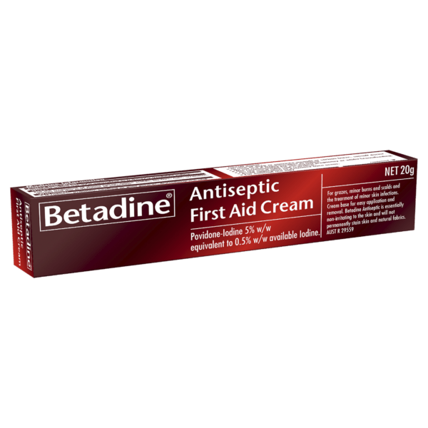 Betadine Antiseptic First Aid Cream 20g package, povidone-iodine 5% w/w, for grazes, minor burns, scalds, and minor skin infections.