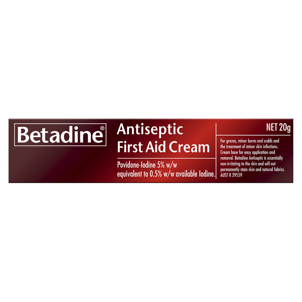 Front label of Betadine Antiseptic First Aid Cream 20g, povidone-iodine 5%, for grazes, minor burns, scalds, and minor skin infections.