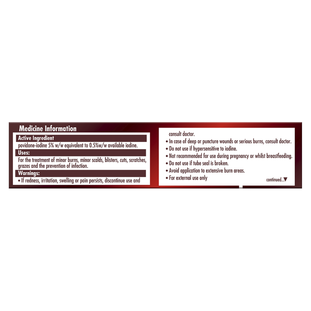 Medicine information label for Betadine Antiseptic First Aid Cream with active ingredient povidone-iodine 5%, uses for minor burns and infections, and warnings.