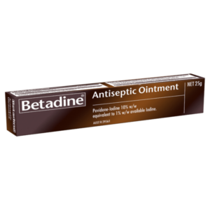 Betadine Antiseptic Ointment 25g packaging with povidone-iodine 10% w/w, equivalent to 1% w/w available iodine.