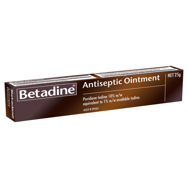 Betadine Antiseptic Ointment 25g packaging with povidone-iodine 10% w/w, equivalent to 1% w/w available iodine.