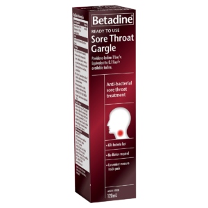 Betadine Ready to Use Sore Throat Gargle 120ml packaging with povidone-iodine 1% w/v, highlighting antibacterial sore throat treatment and product benefits.