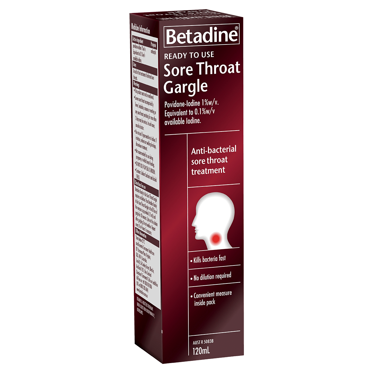 Betadine Ready to Use Sore Throat Gargle 120ml packaging with povidone-iodine 1% w/v, highlighting antibacterial sore throat treatment and product benefits.