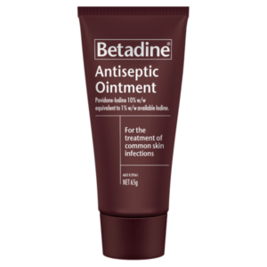 Betadine Antiseptic Ointment packaging, povidone-iodine 10%, for minor cuts and abrasions.