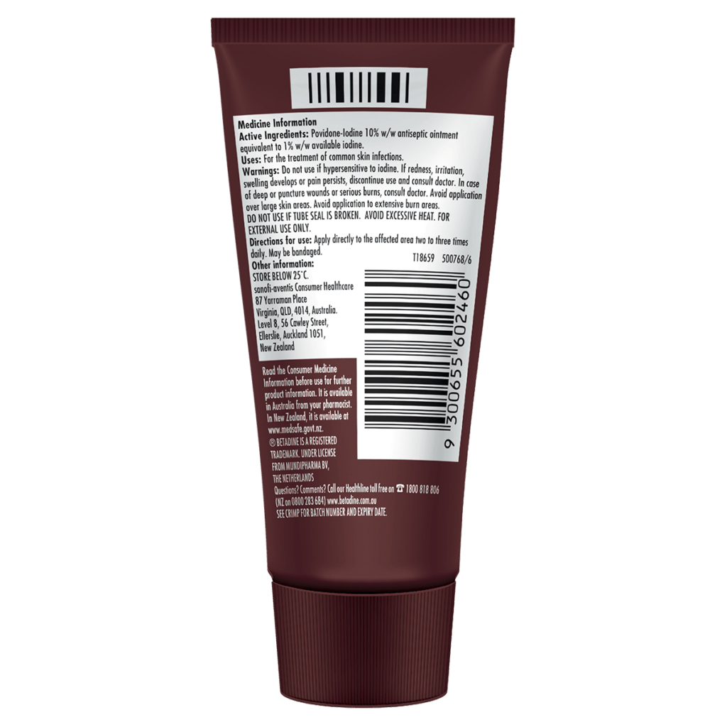 Betadine Antiseptic Ointment back label with active ingredients, uses, warnings, and manufacturer information.