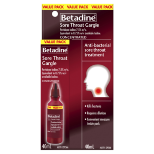 Betadine Concentrated Sore Throat Gargle 40ml label with active ingredients, uses, warnings, and manufacturer information.