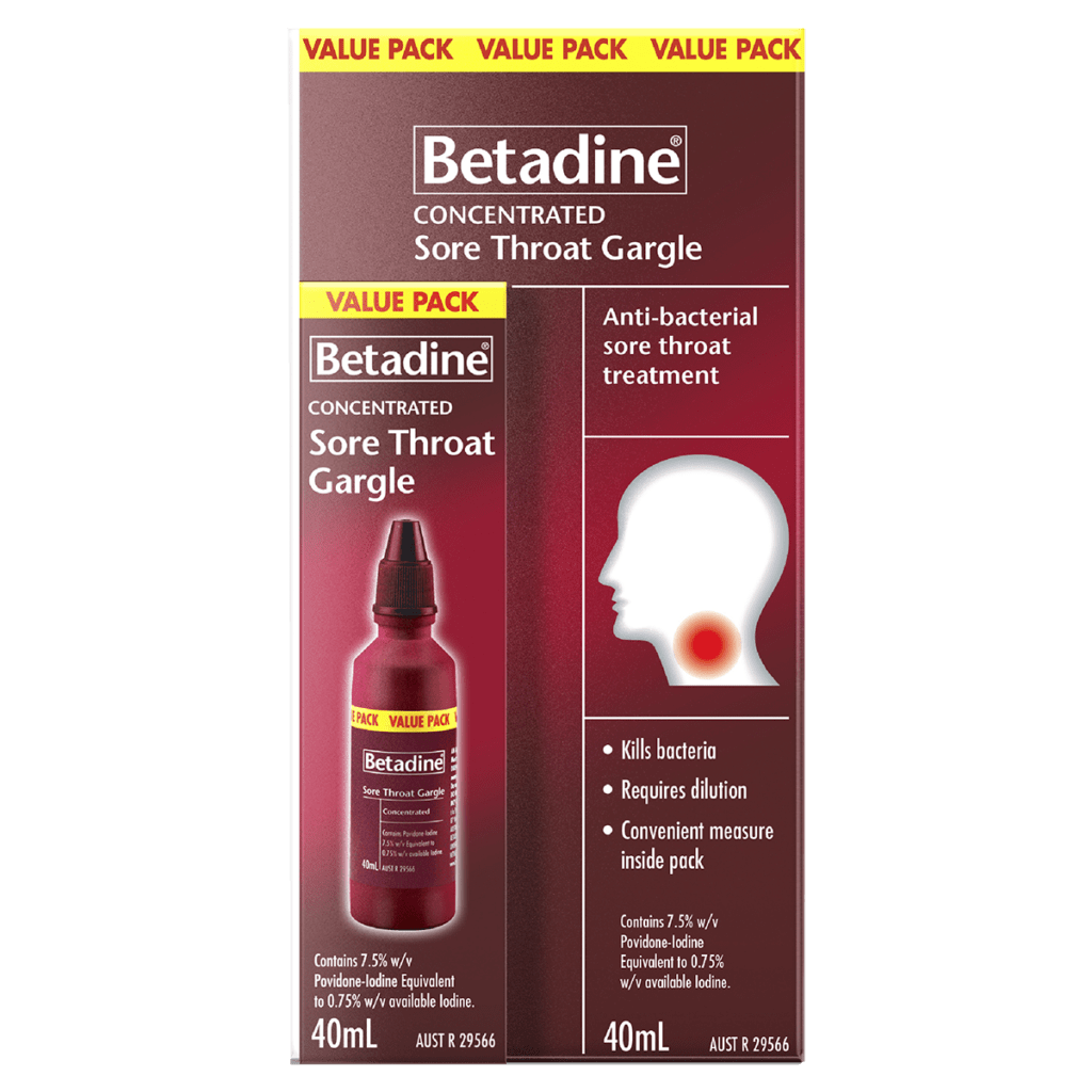 Betadine Concentrated Sore Throat Gargle 40ml Betadine Concentrated Sore Throat Gargle packaging, povidone-iodine 10%, for minor wounds and infections.