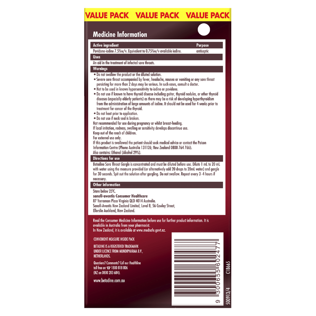 Betadine Concentrated Sore Throat Gargle 40ml Betadine Concentrated Sore Throat Gargle 40ml back label with active ingredients, uses, warnings, and manufacturer information.