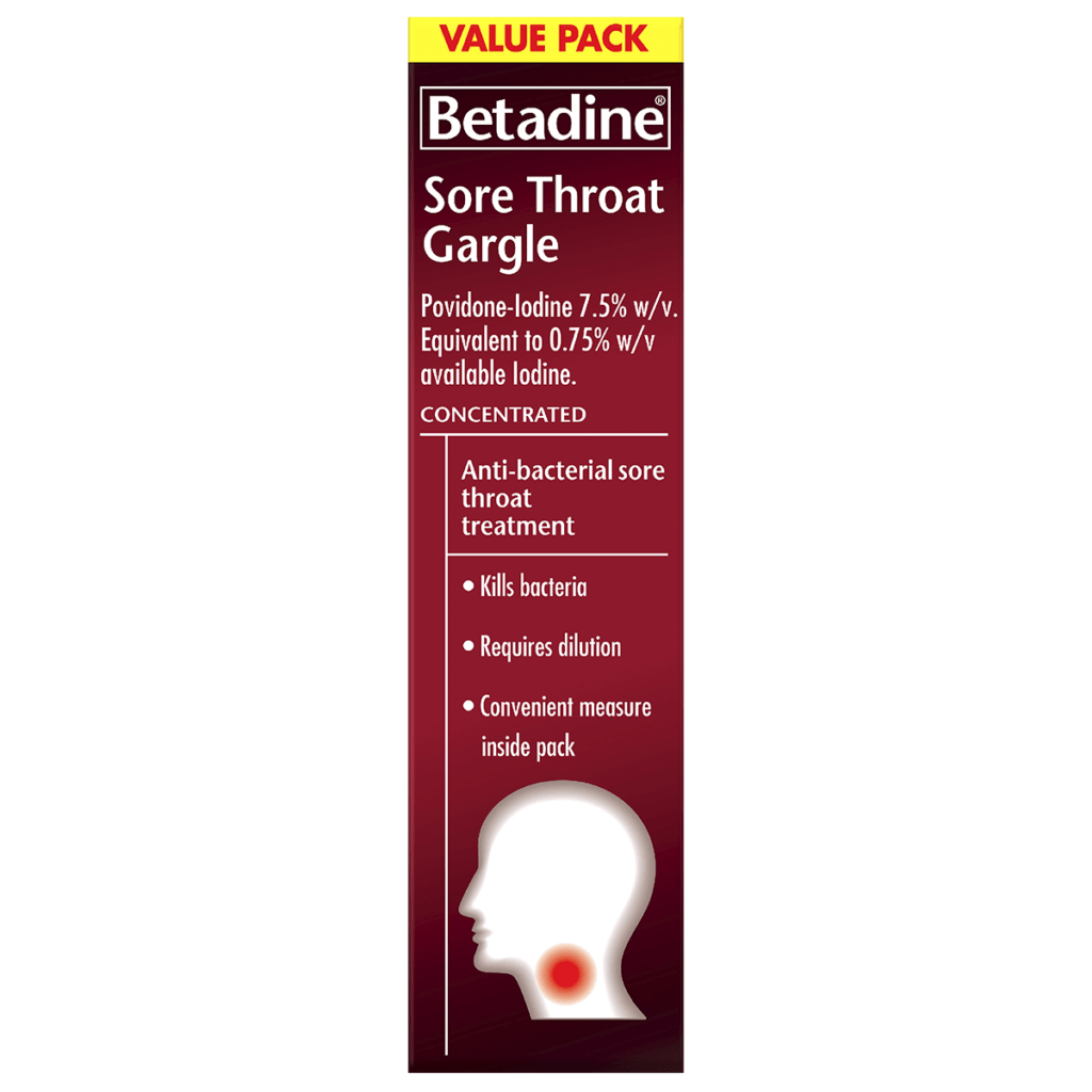 Betadine Concentrated Sore Throat Gargle 40ml Betadine Concentrated Sore Throat Gargle 40ml, anti-bacterial sore throat treatment.