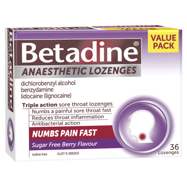 Betadine Anaesthetic Lozenges packaging, triple action sore throat relief, numbs pain fast, antibacterial.