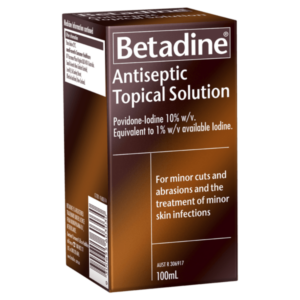 Betadine Antiseptic Topical Solution packaging, relieves sore throat, helps kill bacteria, iodine-free.