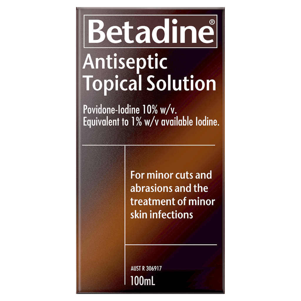 Betadine Antiseptic Topical Solution packaging with antibacterial formula, helps kill bacteria, relieves discomfort.