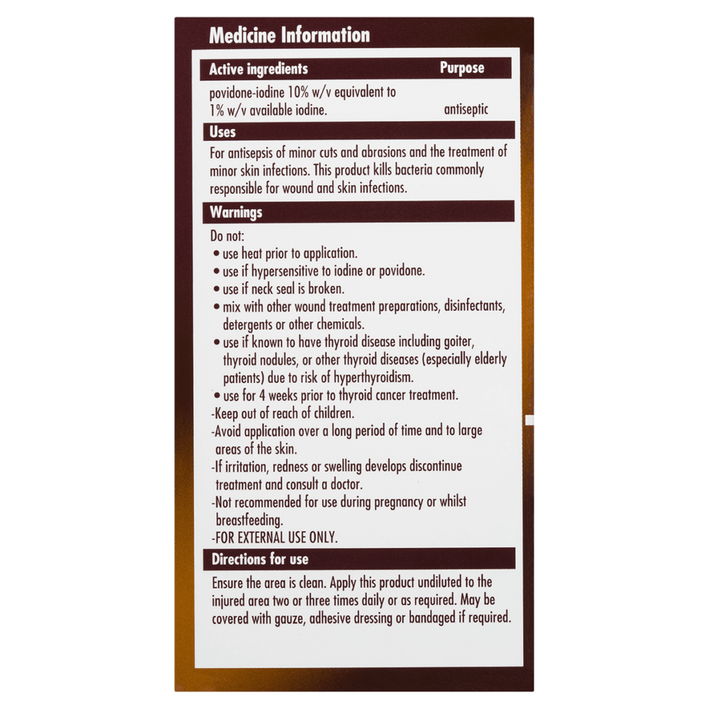 Betadine Sore Throat Gargle back label with active ingredients, directions for use, and manufacturer information.