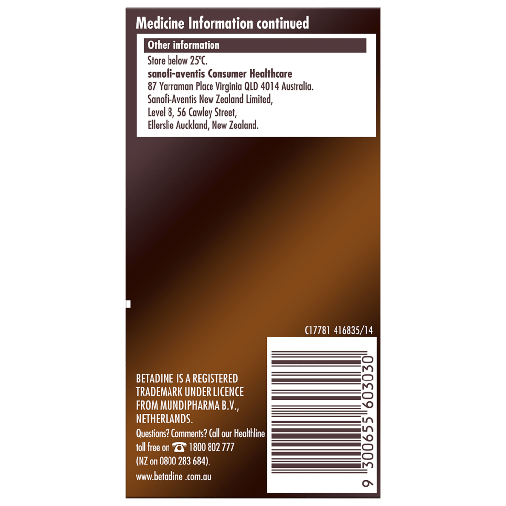 Betadine Sore Throat Gargle label highlighting antibacterial action, relieves sore throat discomfort.
