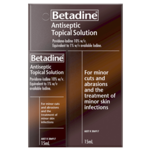 Betadine Antiseptic Topical Solution 15ml packaging with povidone-iodine 10% w/v, for minor cuts, abrasions, and treatment of minor skin infections.