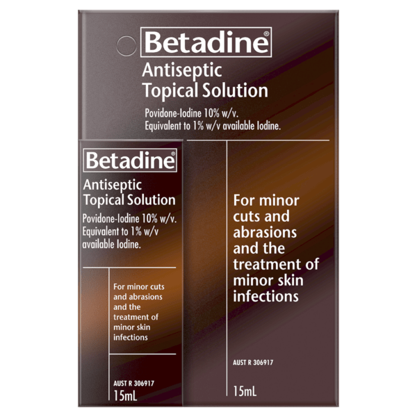 Betadine Antiseptic Topical Solution 15ml packaging with povidone-iodine 10% w/v, for minor cuts, abrasions, and treatment of minor skin infections.