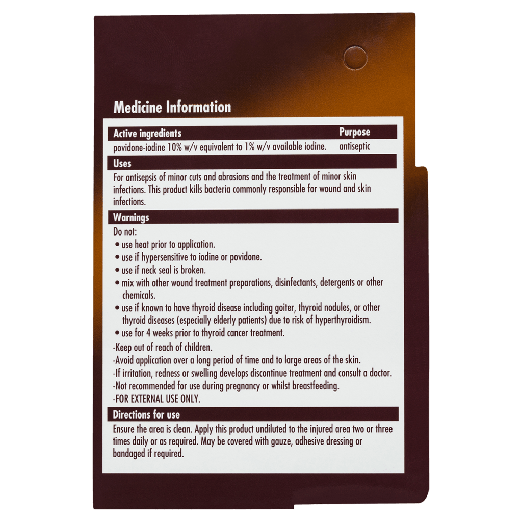 Betadine Antiseptic Topical Solution medicine information panel detailing active ingredients, uses, warnings, and directions for use.