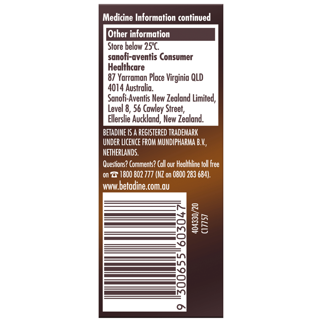 Betadine Antiseptic Topical Solution medicine information panel with storage instructions, manufacturer details, contact information, and barcode.