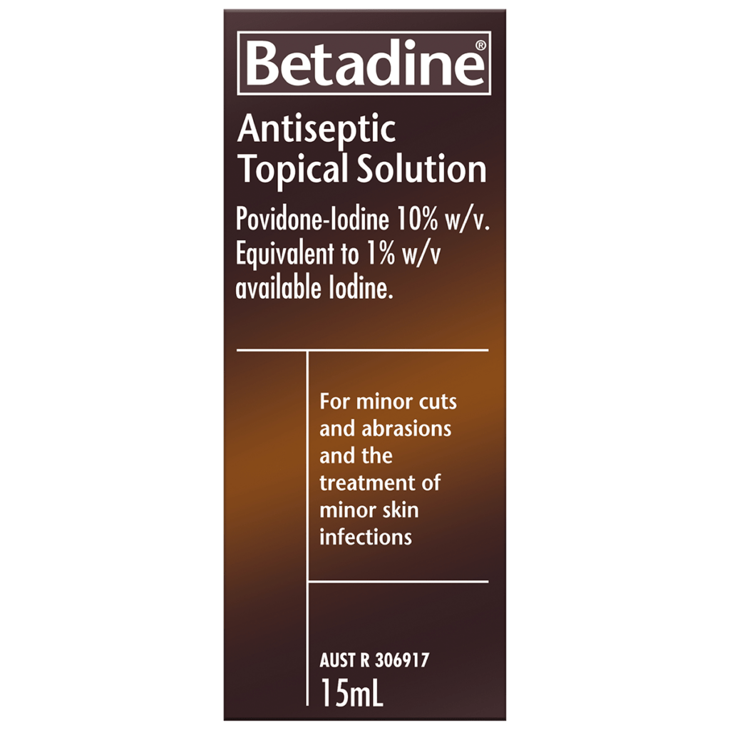 Betadine Antiseptic Topical Solution 15ml packaging with povidone-iodine 10% w/v, used for minor cuts, abrasions, and treatment of minor skin infections.
