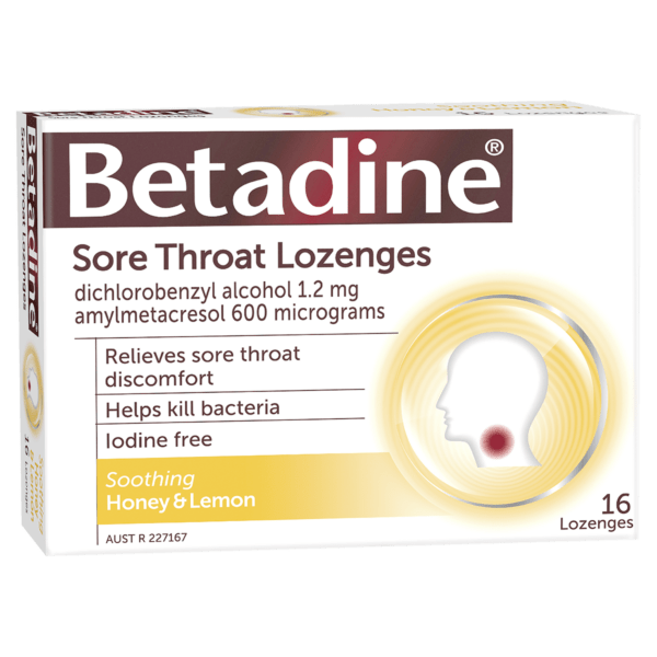 Betadine Sore Throat Lozenges packaging, soothing honey and lemon flavour, relieves sore throat discomfort, helps kill bacteria, iodine-free.