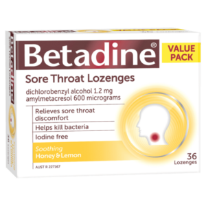 Betadine Sore Throat Lozenges front label, honey and lemon flavour, relieves sore throat, iodine-free.