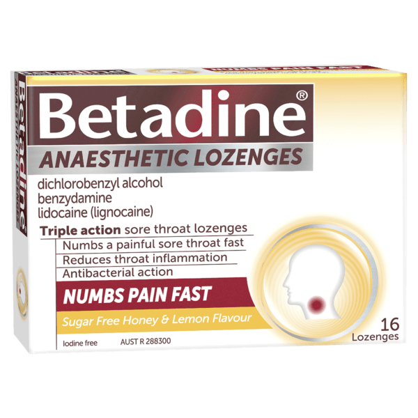 Betadine Anaesthetic Lozenges 16 pack, featuring triple action sore throat relief with dichlorobenzyl alcohol, benzydamine, and lignocaine. Sugar-free honey and lemon flavour.