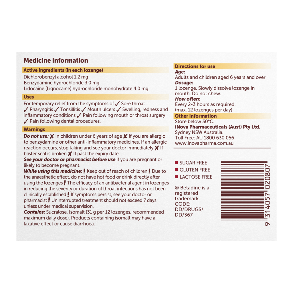 Betadine Anaesthetic + Antibacterial +Anti-Inflammatory Honey & Lemon Lozenges 16 Pack